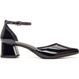 Sapato Scarpin Salomé Juthá Salto Baixo Preto Verniz