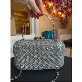 Clutch retangular Prata Brilho Cristal duas alças