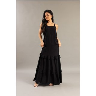 Vestido Longo Feminino com Babado Alça Fina Preto Lemier Collection