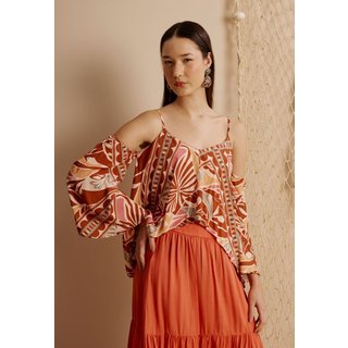 Blusa Ampla Ombro Vazado Estampado Azulejaria