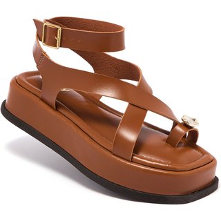 Sandália Feminina Plataforma Flat ABS Dourado Fivela Rasteira Confortável Original Olzzy Caramelo