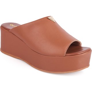 Tamanco Feminino Anabela Flatform Plataforma Detalhe Dourado Confortável Original Olzzy Caramelo