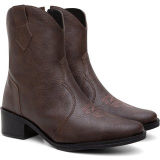 Bota Feminina Anna Andrade Western Cano Baixo Casual Bico Bordado Moda Country Café