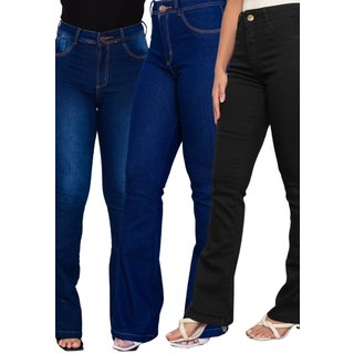 KIT 3 Calça Feminina Flare Niha Jeans Cintura Alta Confortável Azul Preto e Azul Manchado