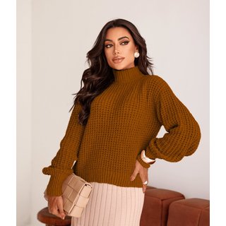 Blusa Cherry Line Manga Longa Gola Alta Ponto Fang Tricot Ferrugem