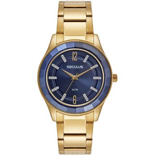 Relógio Feminino Vidro Facetado Cristais Azul e Dourado Seculus
