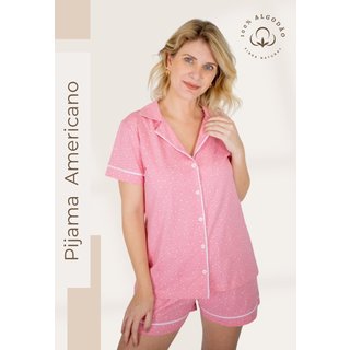Pijama Algodão Piante Americano Manga Curta com Filete Poá Rosa