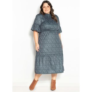 Vestido Com Babados Plus Size Floral Verde Marguerite