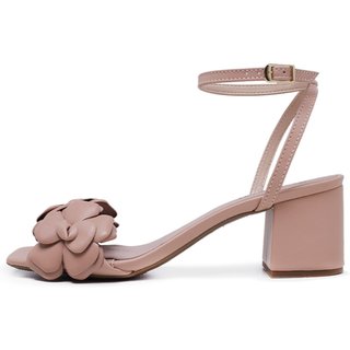 Sandália LeRUCHEL Bico Quadrado Flor Salto Bloco Nude