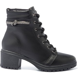 Bota Coturno Feminino Cano Baixo Salto Tratorada Brilho - Preto
