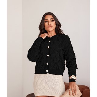Jaqueta Bomber Cherry Line Feminino Tricô Botão Preto