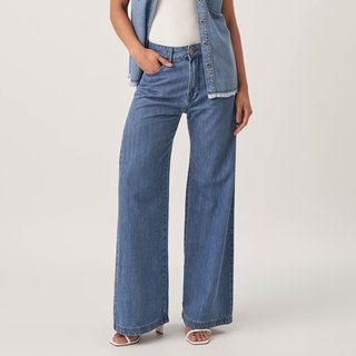 Calça Jeans Wide Leg Cintura Alta Azul Médio