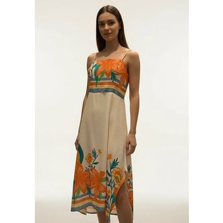 Vestido CabanaFree Midi Alça Fina Estampa Luz entre Folhas