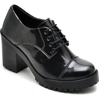 Sapato Feminino Estilo Oxford Verniz Preto Salto Médio Tratorado Conforto