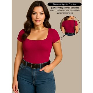 Blusa Feminina Pink Decotada Casual Básica Tendência Ribana Algodão Premium