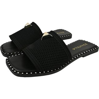 Rasteira Feminina Chinelo Rasteirinha Bico Quadrado Donatella Shoes Tecido Juta Macia Pingente Metálico Preto