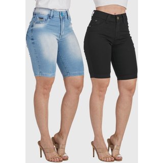 Kit 2 Bermudas Jeans HNO Jeans Ciclista com Elastano Azul Stone-Preto