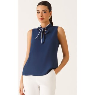 Blusa sem Mangas Gola Alta em Crepe Marinho Lourdes