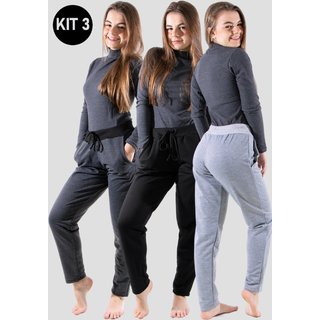 Kit 3 Calça Moletinho 4 Estações Feminino Flanelado Lisa Inverno Cintura Alta Cinza e Preto