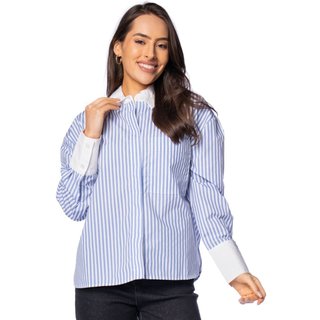 Camisa Social Feminina The Style Box Listrada Azul/Branco