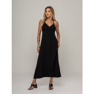 Vestido Midi VHF Feminino Viscose Alça Fina Fluido Forrado Ajustável Preto