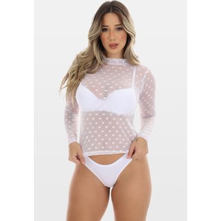 Blusa Poá Tule Manga Longa Fristyle Transparente Branco