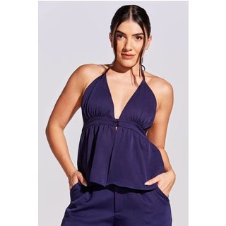 Blusa Feminina Letícia Vaz Amarração Frente Única Decote V Alfaiataria Azul Marinho