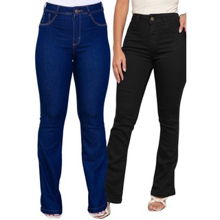 KIT 2 Calça Feminina Flare Mys Jeans Cintura Alta Azul e Preto