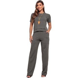 Conjunto Blusa Manga Curta e Calça Dellamarca Casual Comfort Chumbo