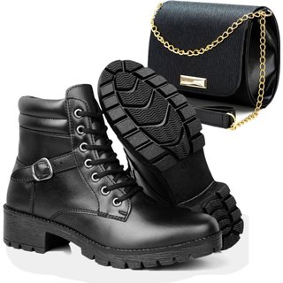 Kit Coturno Feminino Cano Médio Preto Com Fivela Lateral + Bolsa Transversal