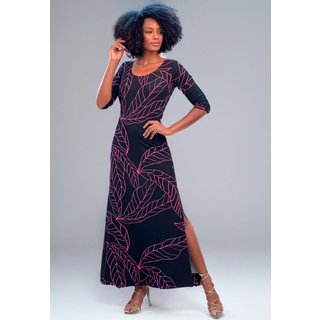 Vestido Longo Cabanafree Malha Gola Canoa Manga 3/4 Antúrios Lilás