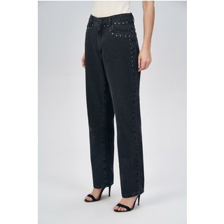 Calça Jeans Straight Aplicações Feminina Acostamento