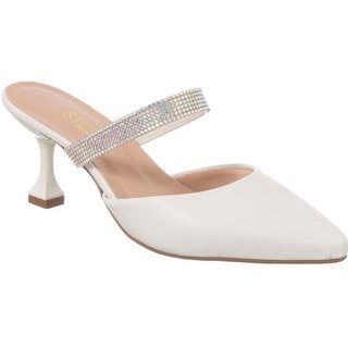 Scarpin Mule Salto Taça Baixo Bico Fino Com Brilho Strass Off-White