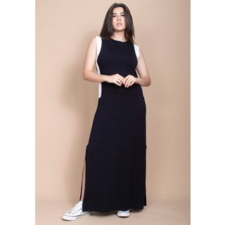 Vestido Cabanafree Longo Malha Preto com Detalhes Branco