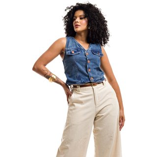 Colete Restrito Jeans Sem Elastano com Botões - Azul Médio