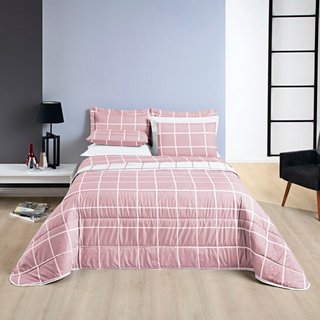 Kit Cobre Leito Colcha Casa Scarpa Brooklyn Solteiro Quadriculado Micropercal 200 Fios 2 Peças - Rosa