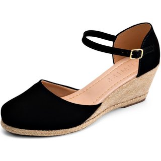 Sandália Feminina Lumiss Anabela Salto Espadrille Confortável Preto