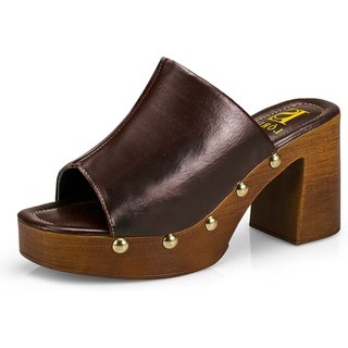 Tamanco Feminino Sandália Salto Alto Grosso Bloco Madeira 7011 Café
