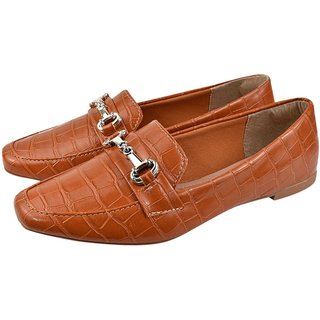 Sapato Feminino Mocassim CM Calçados Bico Quadrado Confort Croco Caramelo