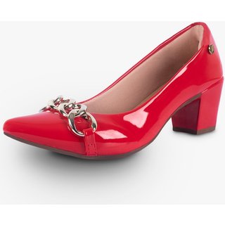 Scarpin Feminino Takata Salto Baixo Bloco Grosso Corrente Vermelho