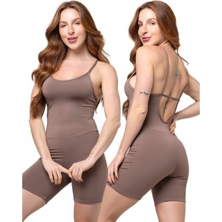 Macaquinho Fitness Alcinha Slim Zero Transparência Forrado Academia Macacão 048 CASTANHO