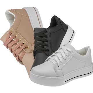 Kit 03 Pares Tênis Casual Lumiss Plataforma Nude/Preto/Branco