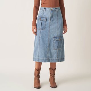 Saia Jeans Midi Bolso Cargo Frontal