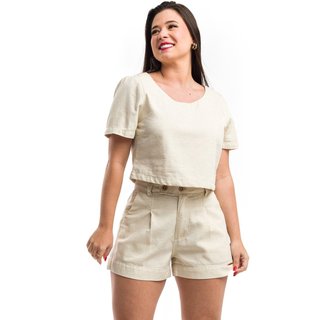 Cropped Blusa Restrito Jeans de Linho Com Mangas - BEGE