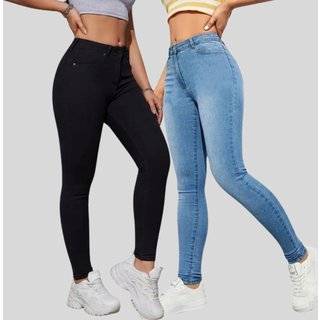 Kit 2 Calças Jeans Feminina Lavagem Clara e Preta Cintura Alta Skinny