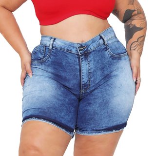 Short Jeans Feminino Plus Size Barra Dobrada e Desfiada Meia Coxa