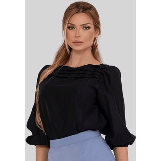 Blusa Miss e Misses Ivana Manga Longa C/Prega Frente Preto