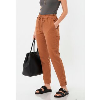 Calça Sarja Feminina Cintura Alta com Elastano e Amarração Conforto e Estilo Casual Caramelo