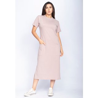 Vestido Cabanafree Midi Easy Algodão Manga Curta Rosa Malva