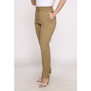 Calça Sarja Skinny Feminina Cintura Alta com Elastano e Amarração Conforto e Estilo Casual Bege